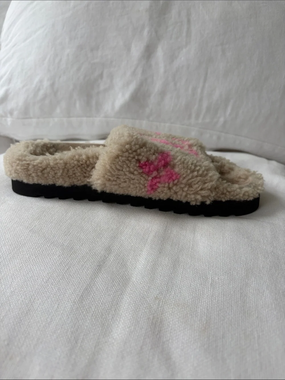 Louis Vuitton Beige Shearling Slide Sandals with Pink LV Motif